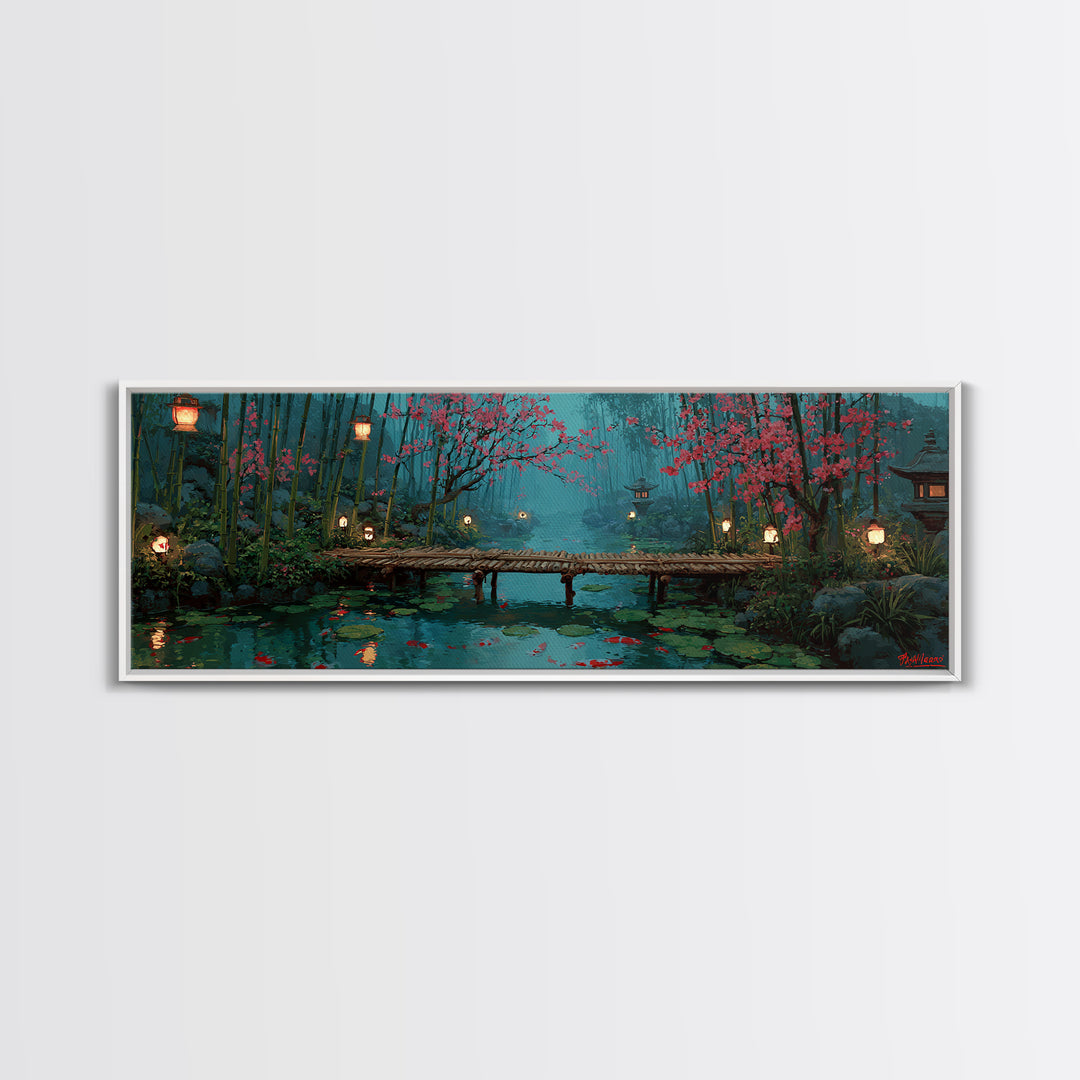 Cherry Blossom Bamboo Pond Wall Art, Japanese Lantern Bridge Canvas, Serene Zen Landscape, Japandi Living Room Decor, Calming Home Decor