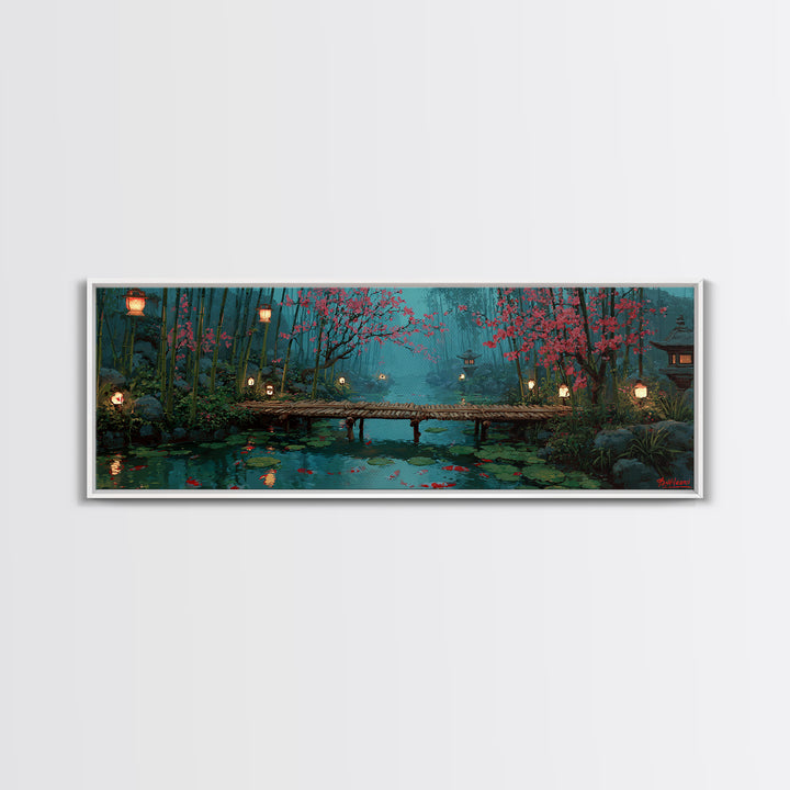 Cherry Blossom Bamboo Pond Wall Art, Japanese Lantern Bridge Canvas, Serene Zen Landscape, Japandi Living Room Decor, Calming Home Decor