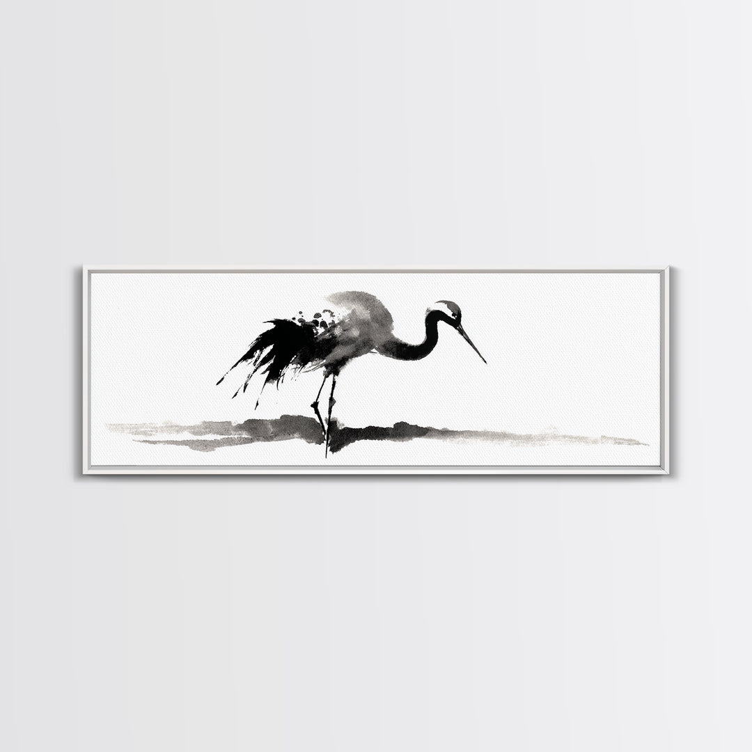 Black Ink Crane Wall Art, Minimalist Bird Painting Canvas Print, Japanese Wall Decor, Zen Home Decor, Black And White Art