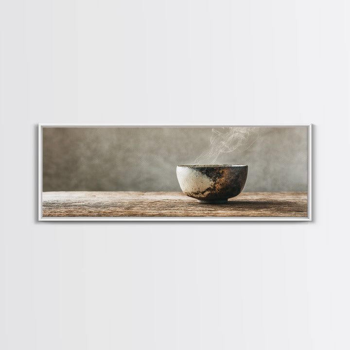 Steaming Wabi Sabi Ceramic Bowl Wall Art, Neutral Kitchen Canvas Print, Japandi Dining Room Decor, Minimalist Zen Fine Art Print