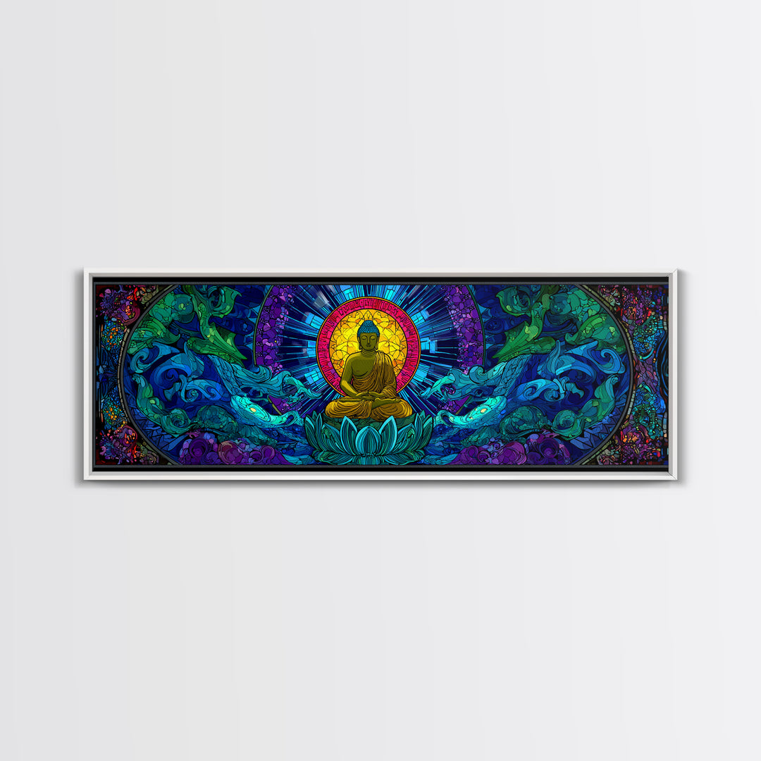 Stained Glass Buddha Ocean Wave Wall Art, Lotus Meditation Canvas Print, Colorful Zen Spiritual Yoga Room Home Decor Gift