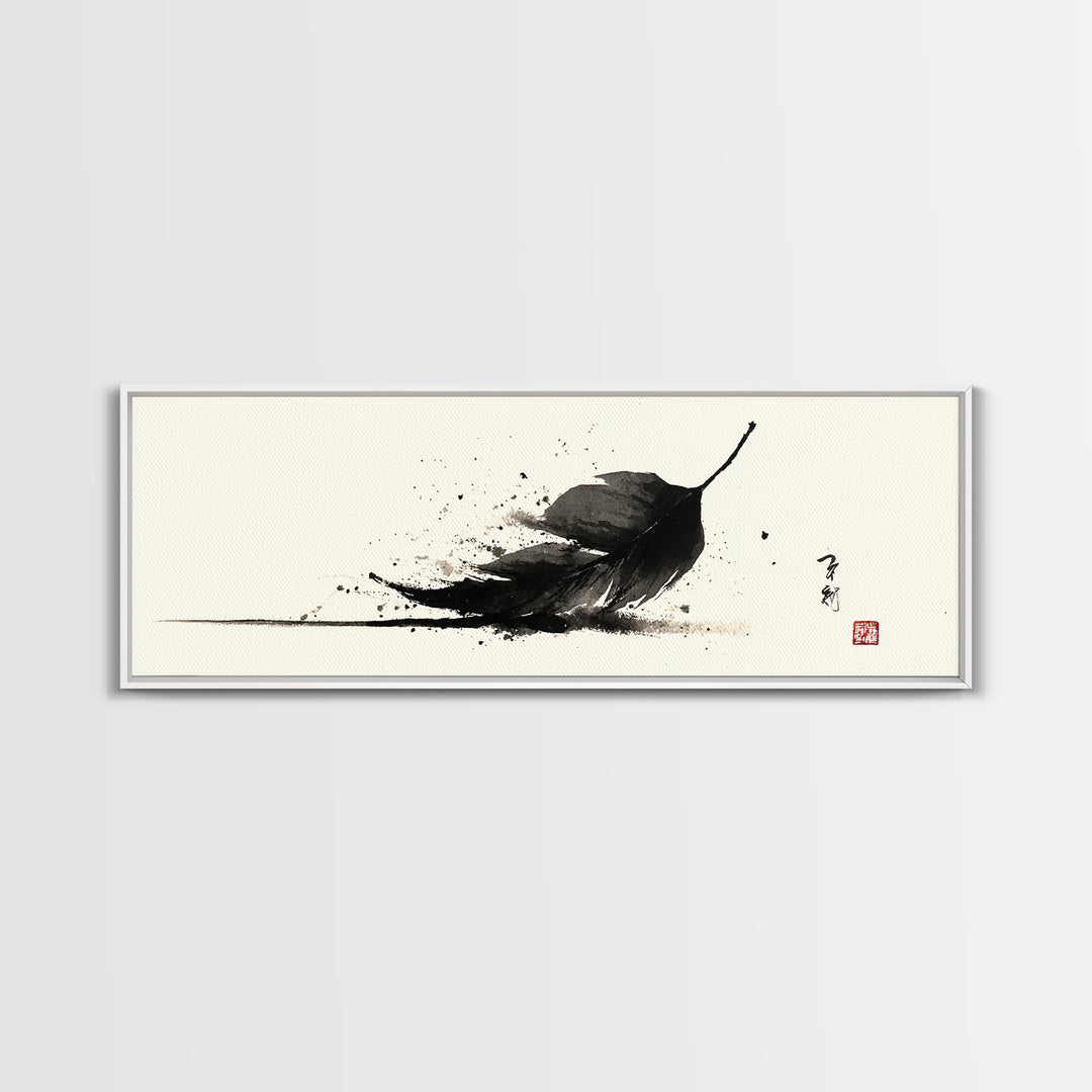 Black Ink Feather Japanese Sumi Wall Art, Minimalist Black And White Art Print, Zen Nature Decor For Office Or Bedroom Wall Decor