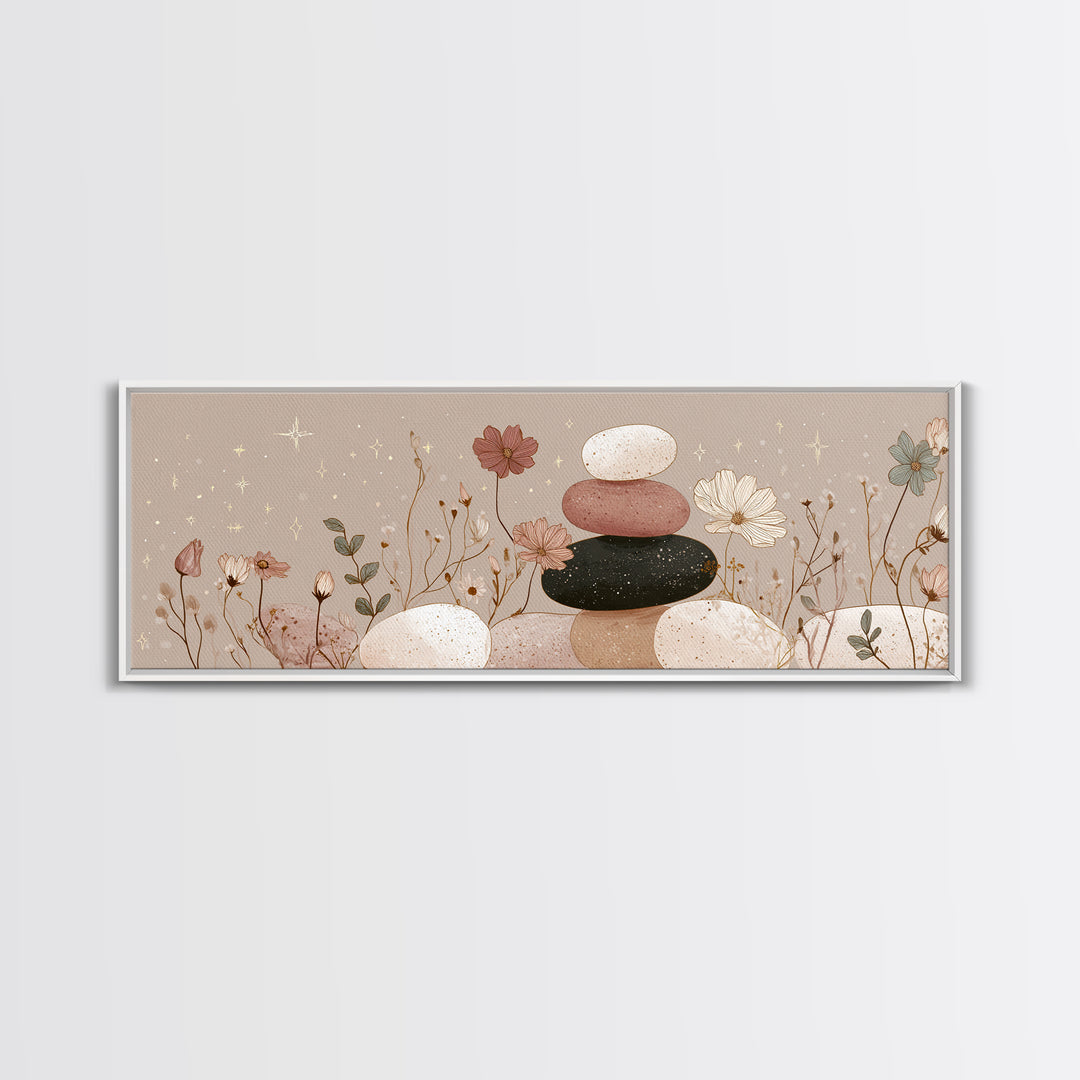 Stacked Zen Stones And Wildflowers Wall Art, Neutral Spa Canvas Print, Mindfulness Decor, Calming Boho Bathroom Art Gift
