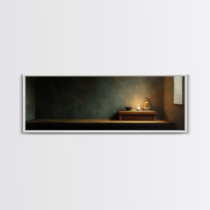 Quiet Buddha Altar With Candle Framed Canvas Print, Calming Meditation Room Wall Art, Zen Home Decor, Spiritual Gift For Her