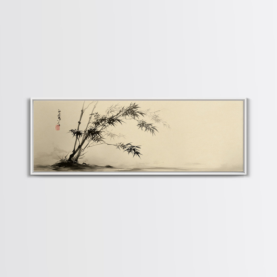 Japanese Bamboo Ink Painting Wall Art, Minimalist Sumi Canvas Print, Zen Botanical Decor, Neutral Japandi Wall Decor Print