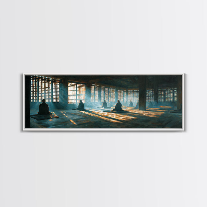 Meditation Hall With Monks And Sunbeams Wall Art, Zen Framed Canvas Print, Spiritual Decor, Yoga Studio, Prayer Room Art