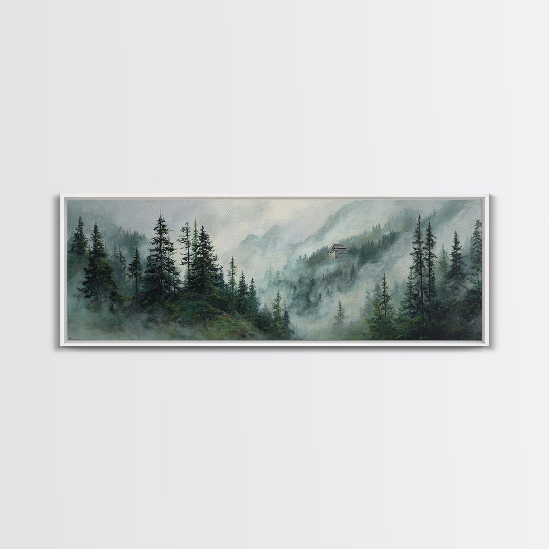 Misty Pine Mountain Temple Wall Art, Foggy Evergreen Forest Landscape, Japandi Nature Decor, Long Horizontal Canvas Print