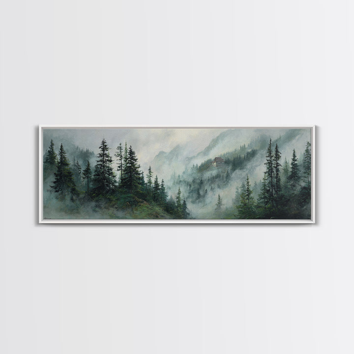 Misty Pine Mountain Temple Wall Art, Foggy Evergreen Forest Landscape, Japandi Nature Decor, Long Horizontal Canvas Print