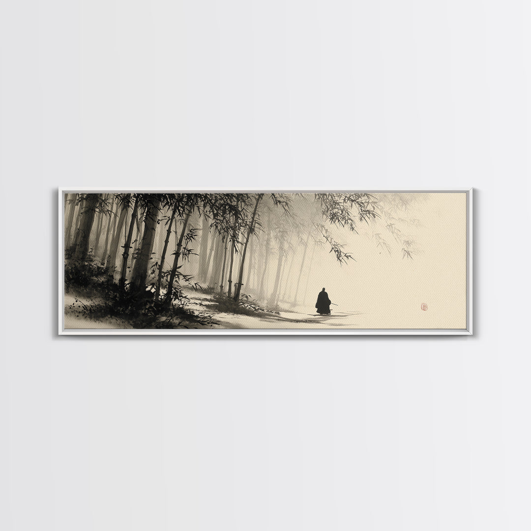 Misty Bamboo Forest Monk In Ink Wash Framed Canvas Print, Japanese Wall Art, Zen Meditation Decor, Japandi Home Decor, Calming Wall Decor