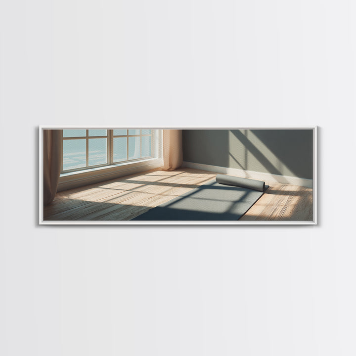 Sunlit Yoga Mat By Window Canvas Print, Calm Minimalist Fitness Studio Wall Art, Modern Wellness Room And Home Gym Decor