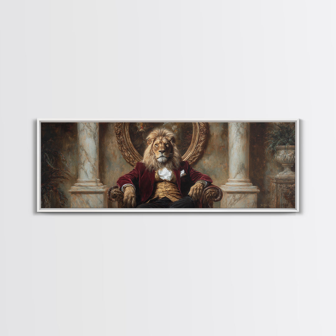 Velvet Throne Lion King Framed Canvas Print, Royal Animal Portrait, Bold Baroque Wall Decor, Luxury Office Art, Gift For Him