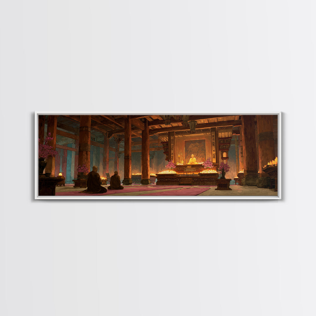 Candlelit Buddhist Temple Meditation Wall Art, Zen Canvas Print For Yoga Room Decor, Spiritual Home Decor And Prayer Room