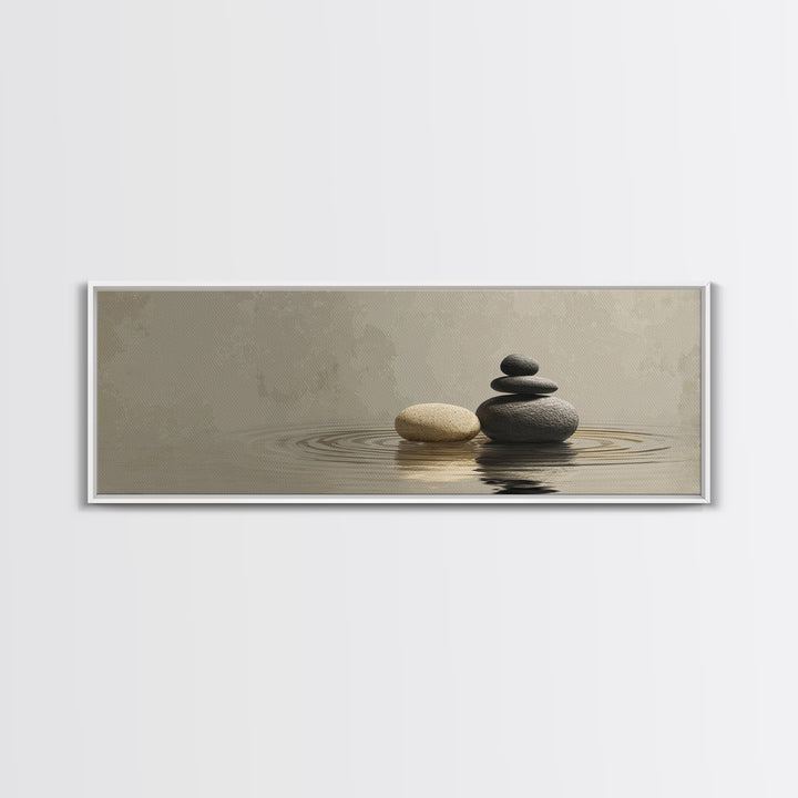 Zen Stacked Stones Framed Canvas Print, Neutral Water Reflection, Minimalist Spa Wall Art, Calm Japandi Meditation Room Home Decor