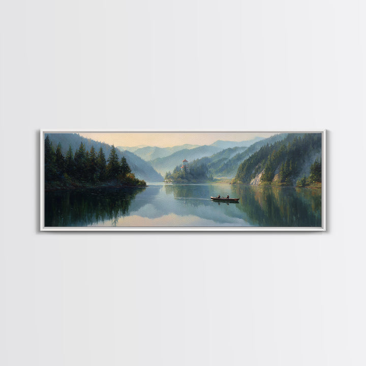 Misty Mountain Lake Boat Wall Art, Serene Landscape Canvas Print, Cabin Decor, Nature Painting, Large Living Room Decor, Housewarming Gift