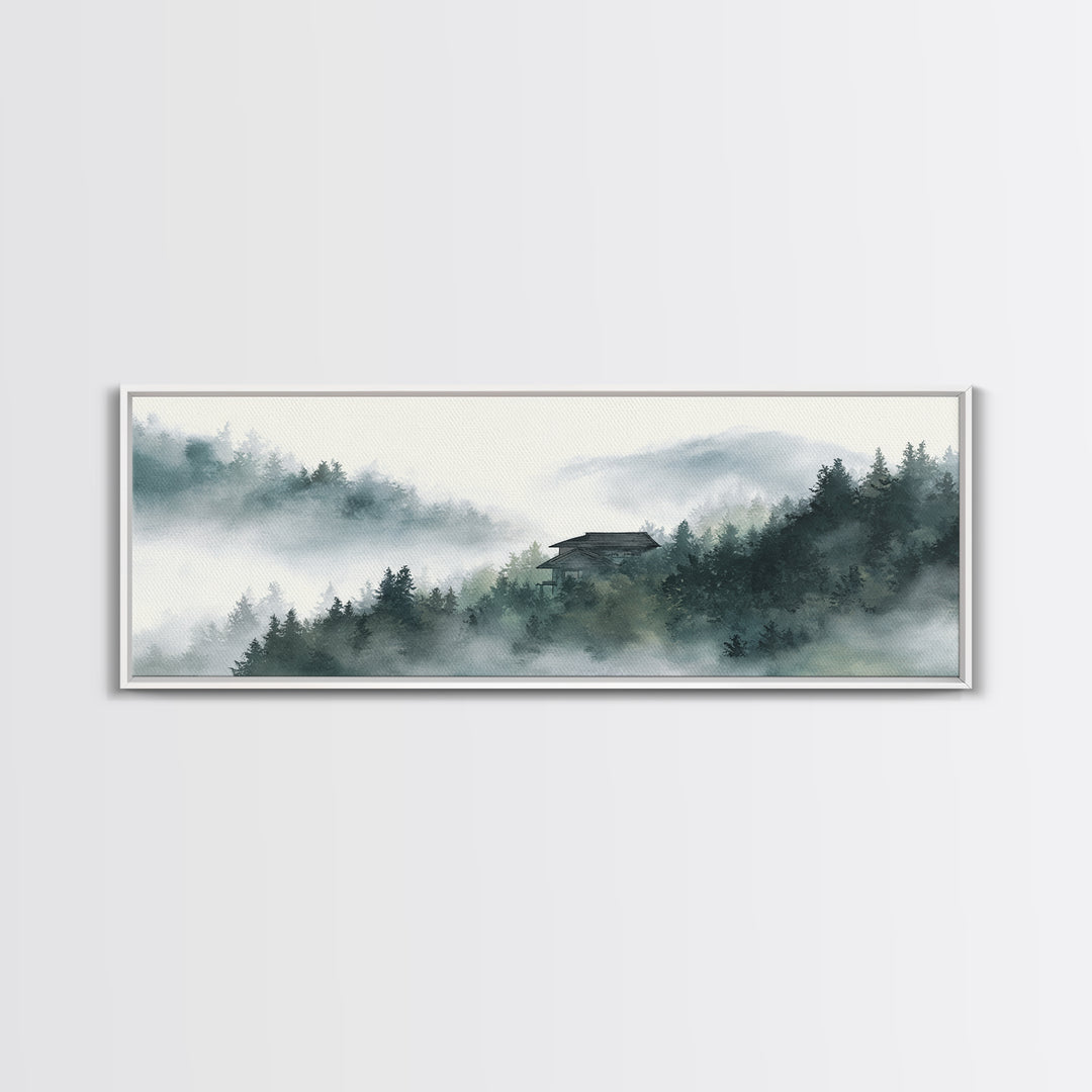 Misty Forest Cabin In Mountain Fog Wall Art, Japandi Landscape Print, Calming Nature Decor, Neutral Home Decor For Living Room