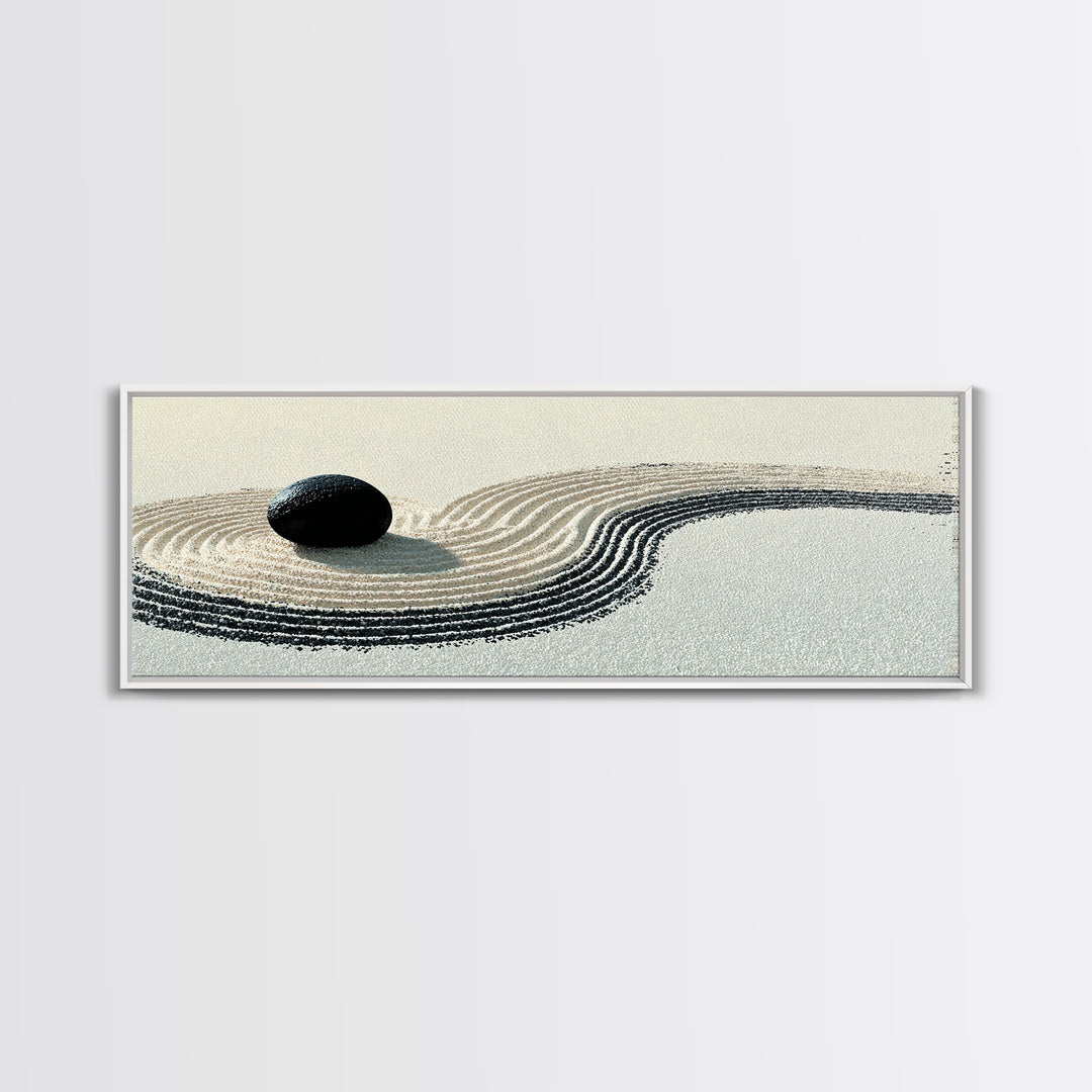 Black Stone Zen Garden Wall Art, Minimalist Sand Ripple Canvas Print, Japandi Spa Decor, Neutral Meditation Room Poster Print