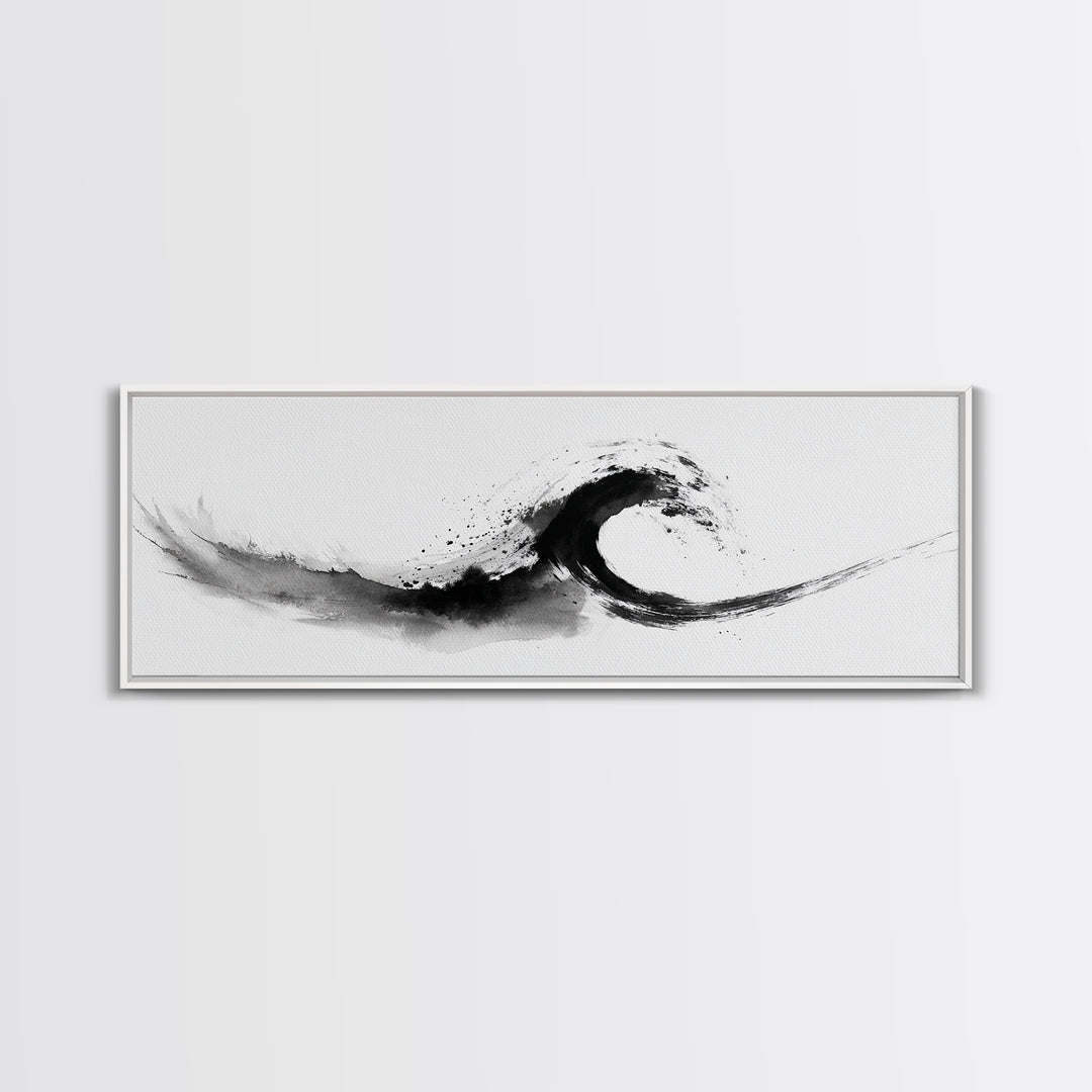 Black Ink Wave Minimalist Seascape Wall Art, Japanese Sumi Ocean Print, Coastal Zen Decor, Modern Black And White Art, Long Horizontal Art