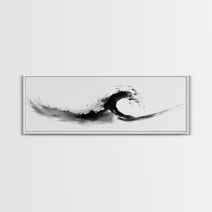 Black Ink Wave Minimalist Seascape Wall Art, Japanese Sumi Ocean Print, Coastal Zen Decor, Modern Black And White Art, Long Horizontal Art
