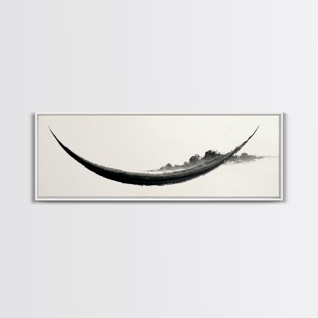 Minimal Black Ink Boat Wall Art, Japanese Zen Canvas Print, Monochrome Abstract, Wabi Sabi Decor, Long Horizontal Art Print