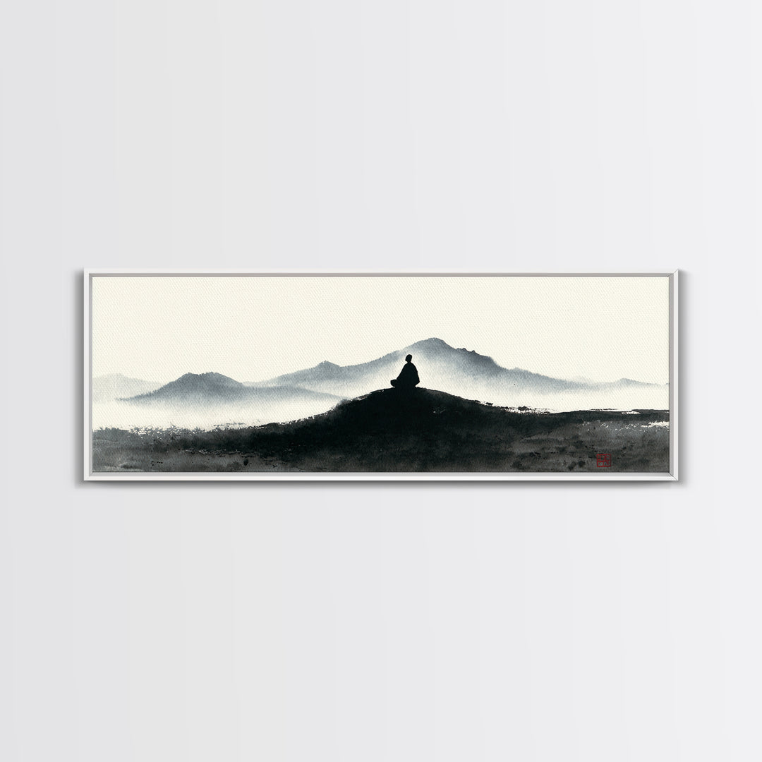 Minimalist Monk Mountain Wall Art, Japanese Ink Wash Landscape, Zen Meditation Decor, Black And White Framed Canvas Print