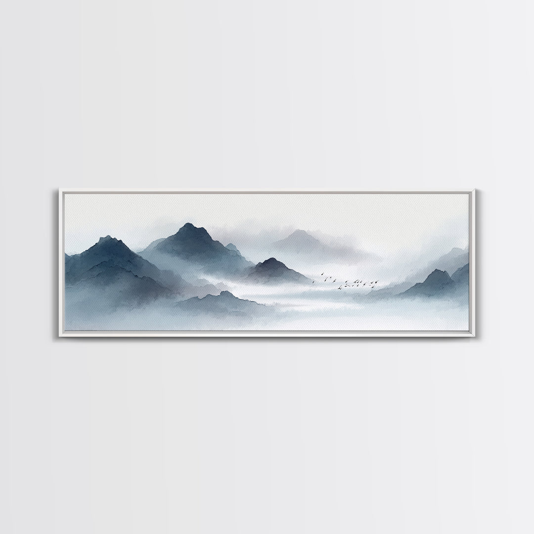 Misty Ink Mountain Landscape Canvas Print, Minimalist Japanese Wall Art, Black And White Zen Decor, Calming Office Art Print