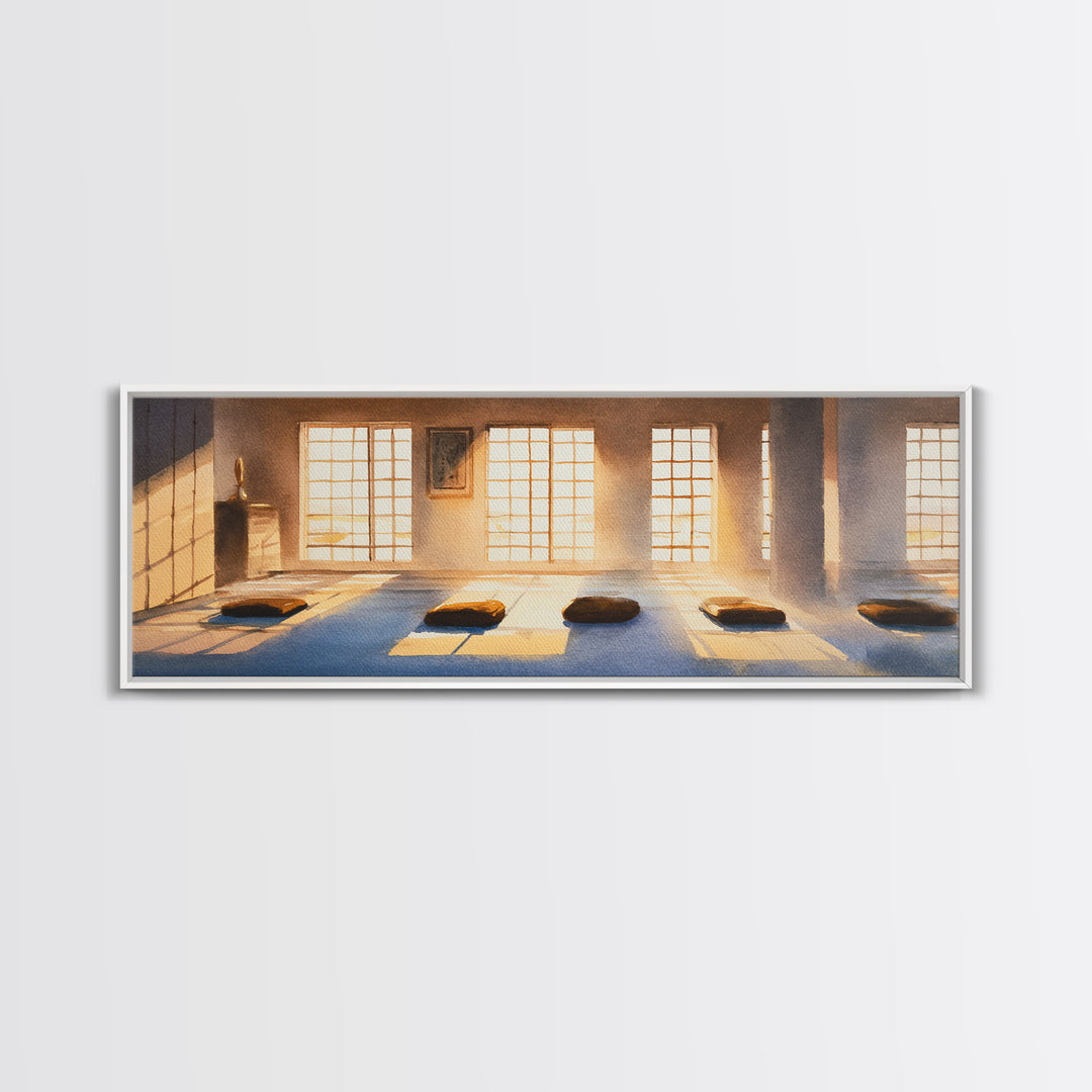 Sunlit Meditation Room With Floor Cushions Canvas Print, Zen Wall Art, Yoga Studio Decor, Calm Minimalist Spa Home Decor