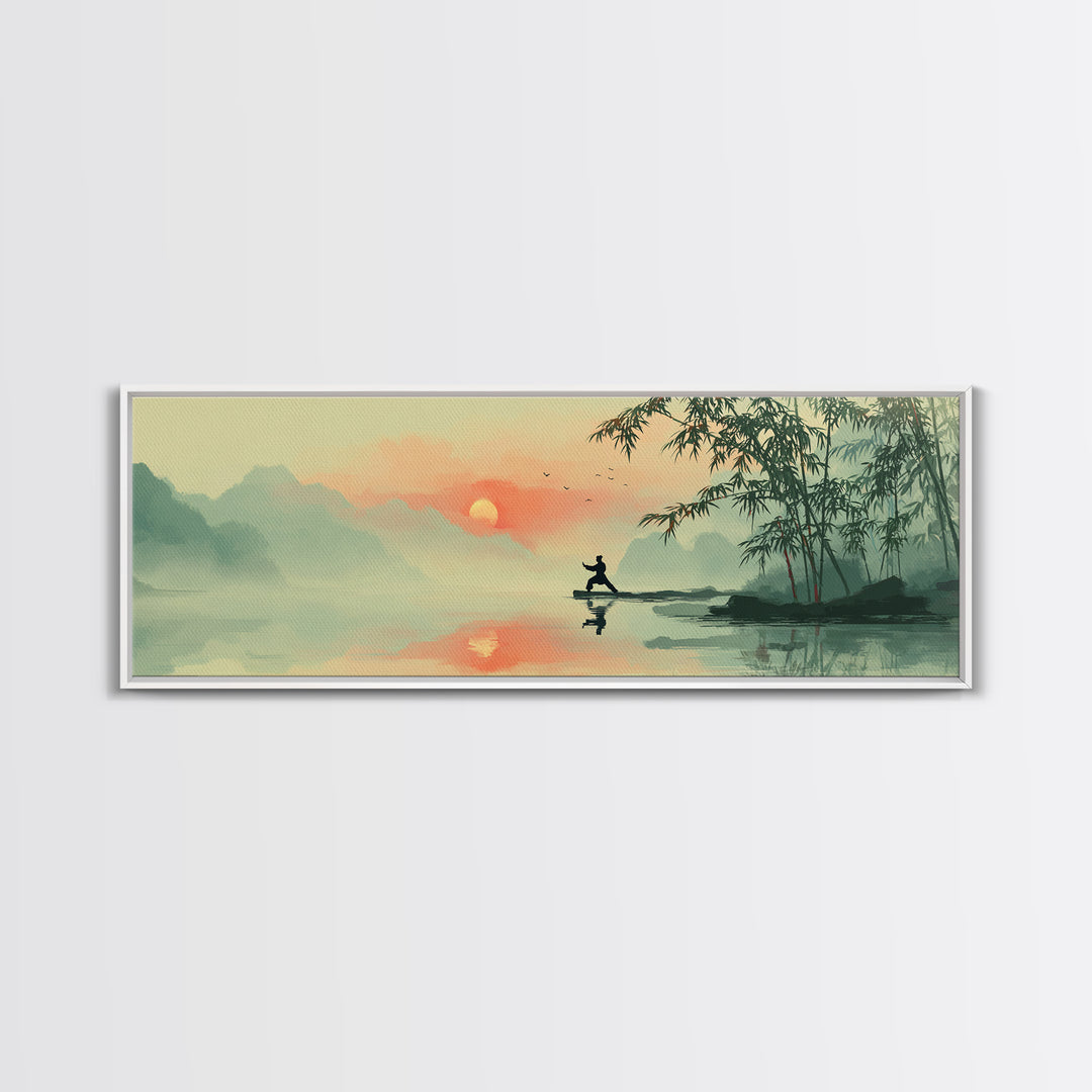 Misty Asian Lake Fisherman Wall Art, Zen Sunrise Landscape Canvas Print, Japanese Bamboo Decor, Peaceful Meditation Room Art