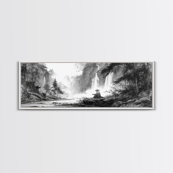 Black And White Waterfall Monk Wall Art, Japanese Landscape Print, Zen Meditation Decor, Nature Art For Office Or Living Room
