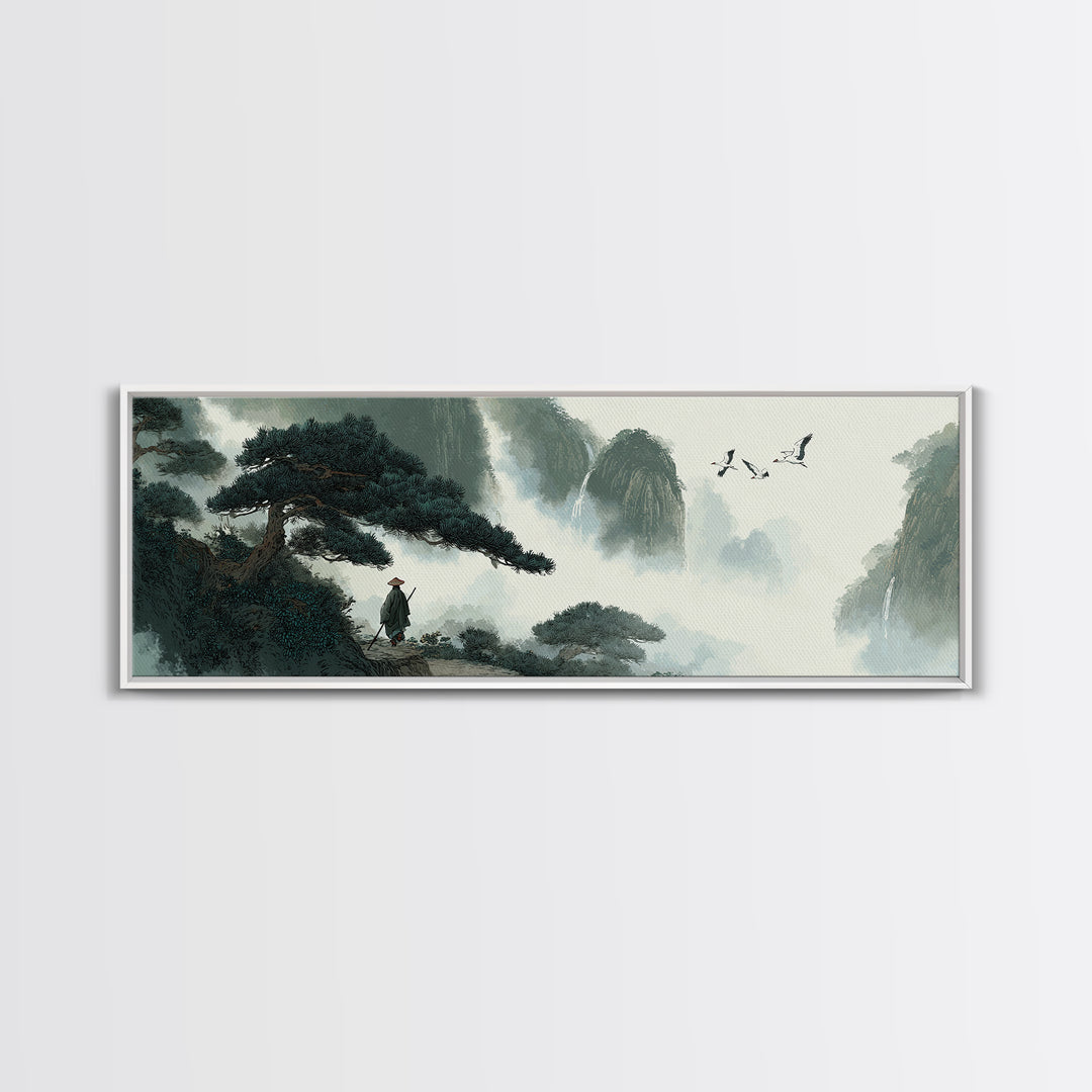 Misty Mountain Pine Landscape Wall Art, Japanese Ink Style Canvas, Zen Nature Print, Panoramic Living Room Decor, Calming Office Decor
