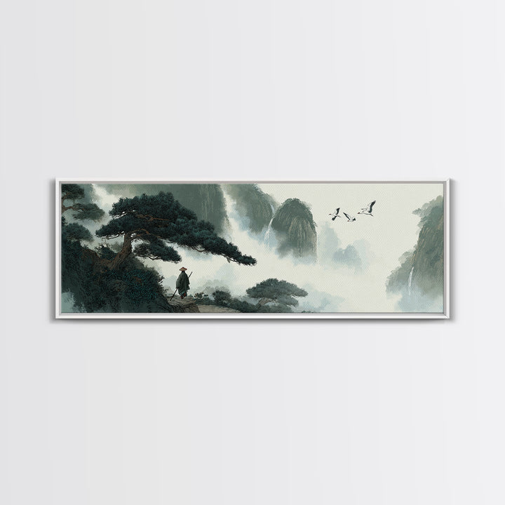 Misty Mountain Pine Landscape Wall Art, Japanese Ink Style Canvas, Zen Nature Print, Panoramic Living Room Decor, Calming Office Decor