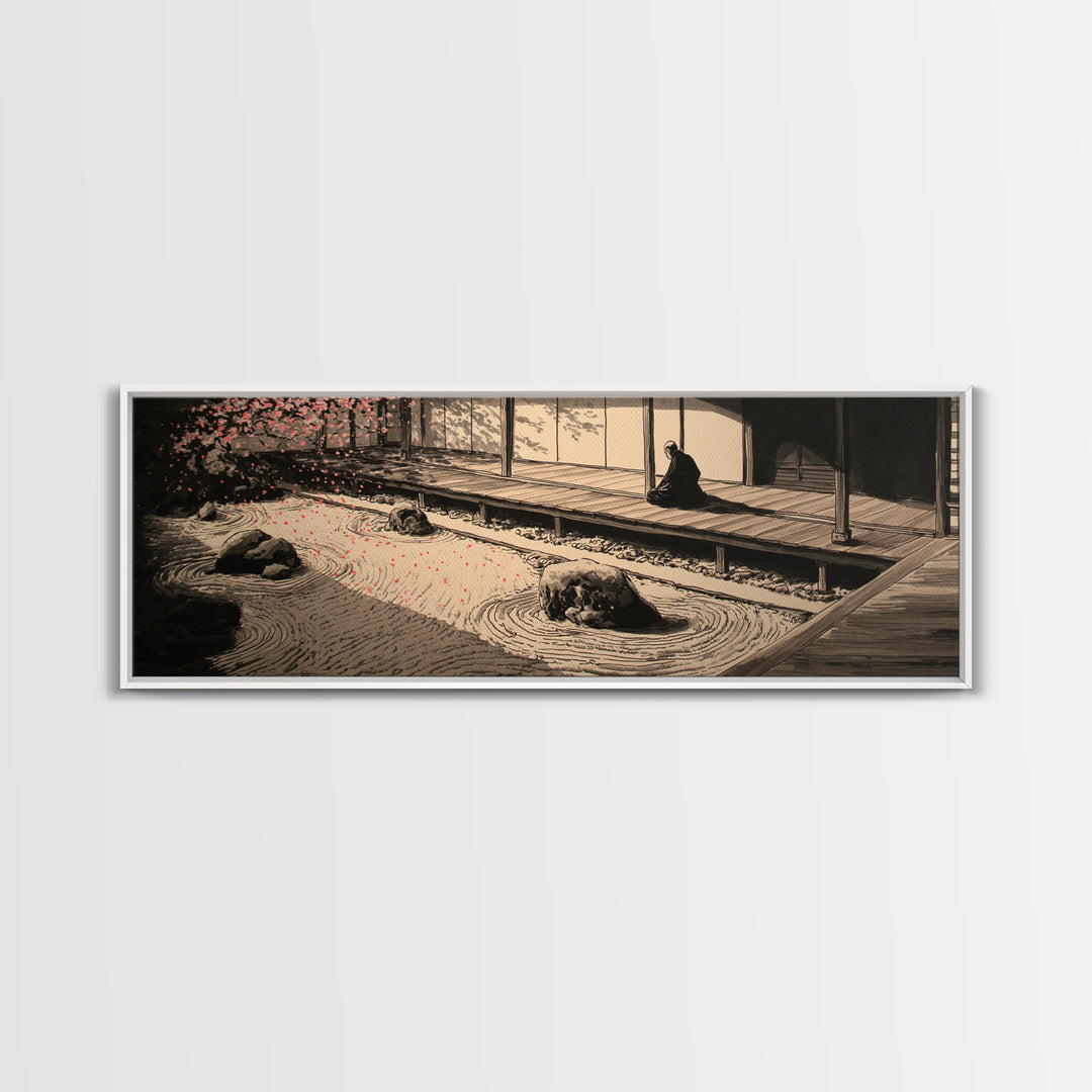 Japanese Zen Garden With Monk Canvas Print, Minimalist Sand Rake Wall Art, Japandi Meditation Decor For Tea Room And Home Decor