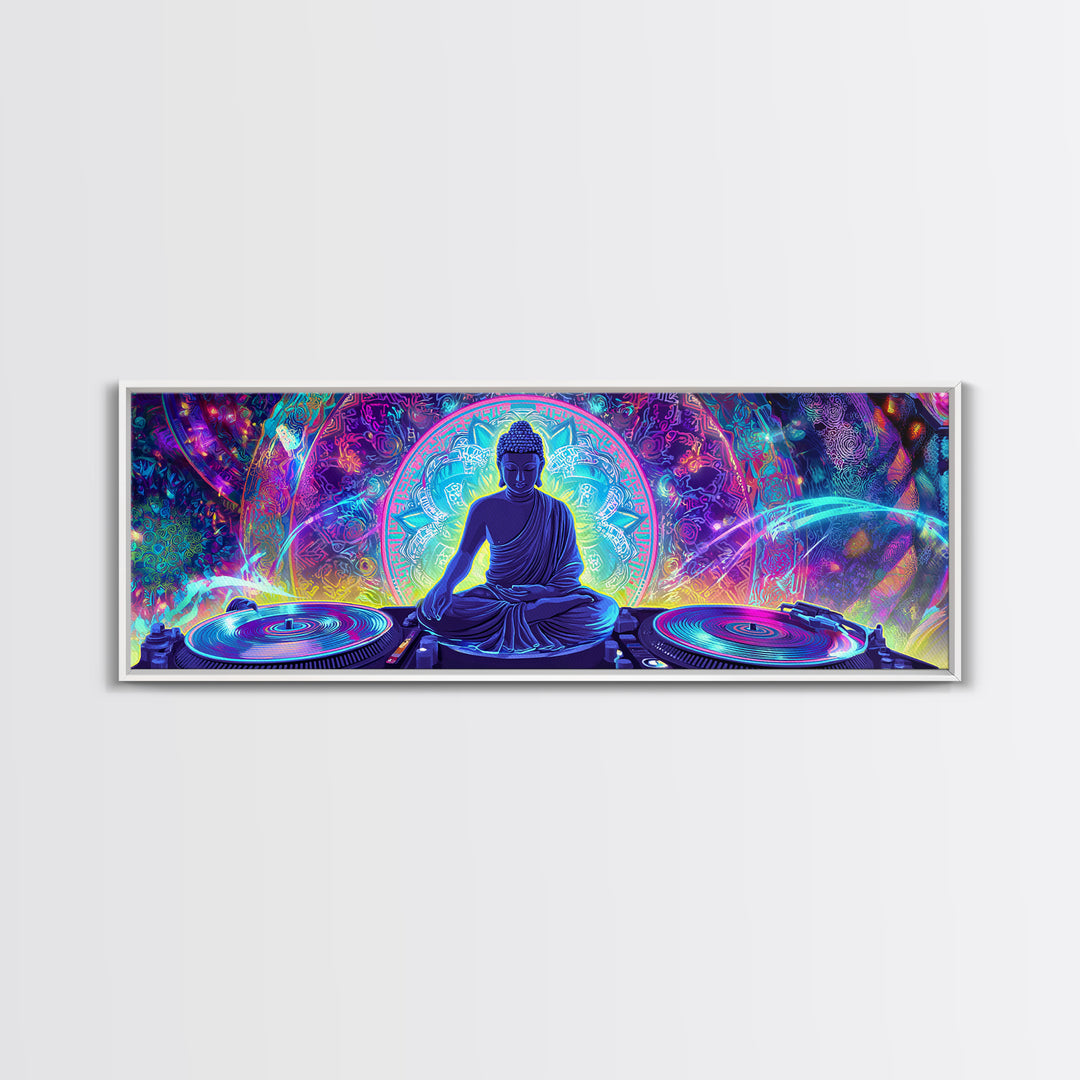 Neon Buddha DJ Canvas Print, Psychedelic Meditation Wall Art, Spiritual Decor, Yoga Studio, Music Room, Vibrant Home Decor