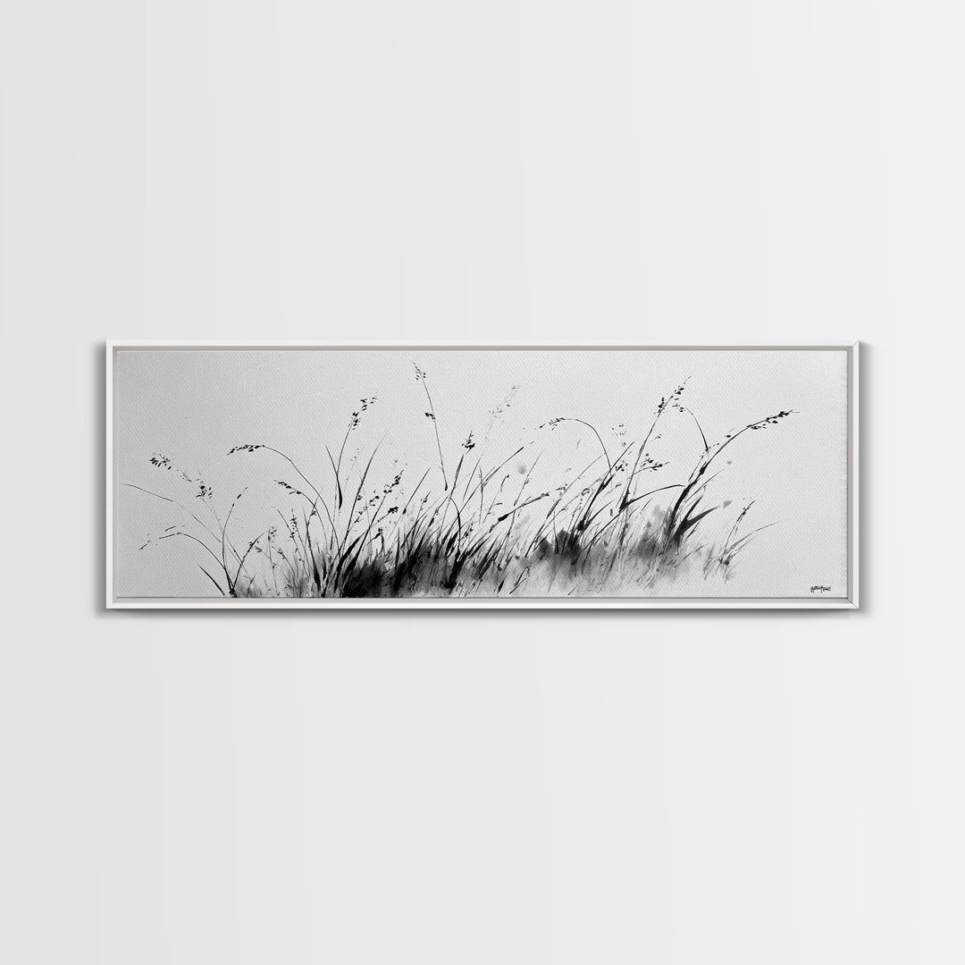 Minimalist Grass Ink Wall Art, Black And White Botanical Canvas Print, Japandi Decor, Neutral Wall Decor, Above Bed Art Print