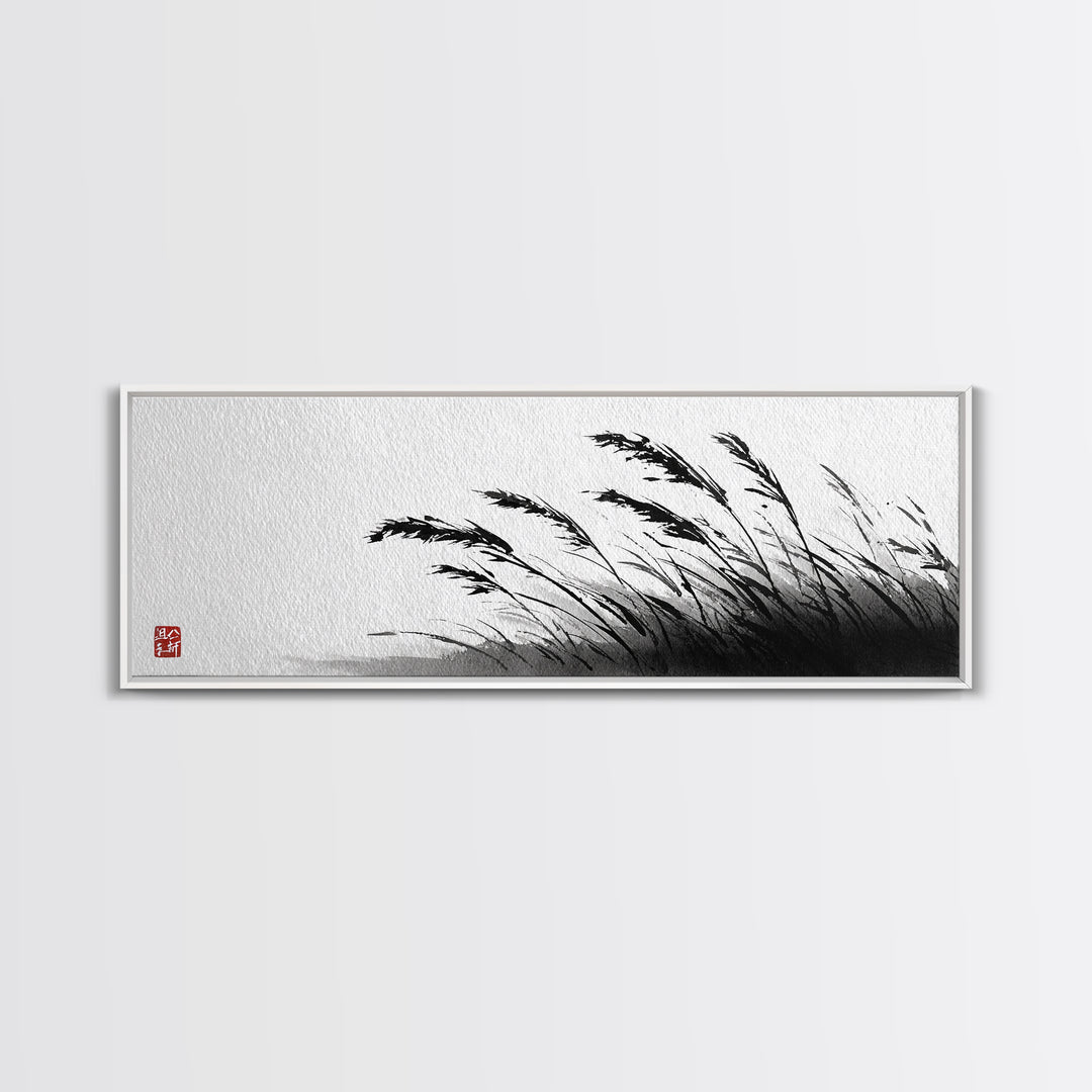 Minimal Ink Grass Reeds Canvas Print, Black And White Japandi Nature Wall Art For Calm Bedroom Decor And Zen Home Decor Print