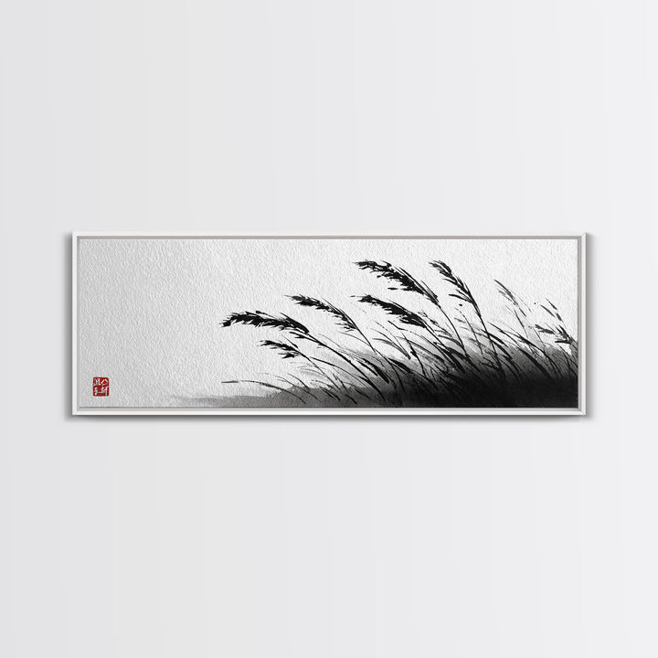 Minimal Ink Grass Reeds Canvas Print, Black And White Japandi Nature Wall Art For Calm Bedroom Decor And Zen Home Decor Print