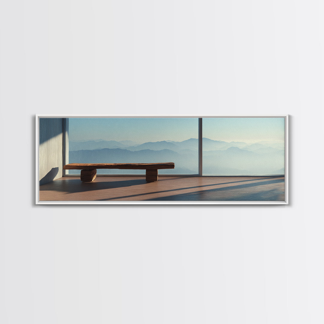 Minimal Mountain View Zen Bench Framed Canvas Print, Japandi Wall Art, Neutral Home Decor, Calming Office Decor, Living Room Decor