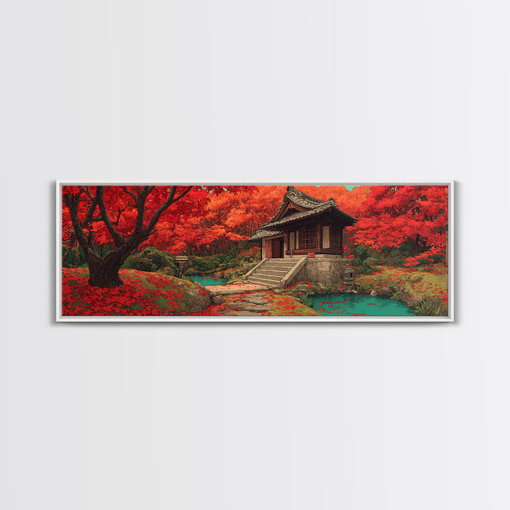 Red Maple Temple And Teal Pond Wall Art, Japanese Landscape, Autumn Forest Decor, Zen Home Decor, Panoramic Canvas Print