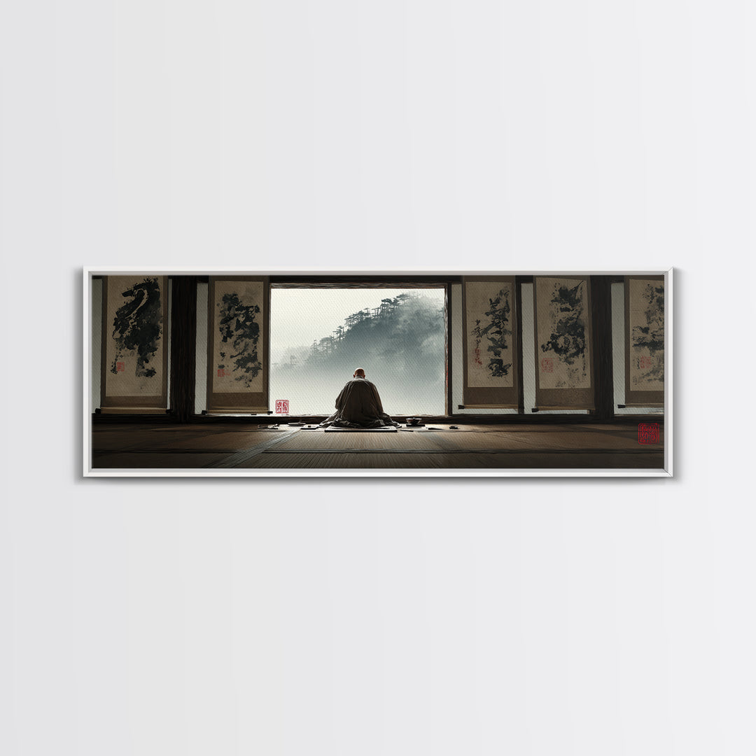 Zen Monk Viewing Misty Mountains Wall Art, Japanese Ink Framed Canvas Print, Meditation Room Decor, Japandi Home Decor, Zen Decor