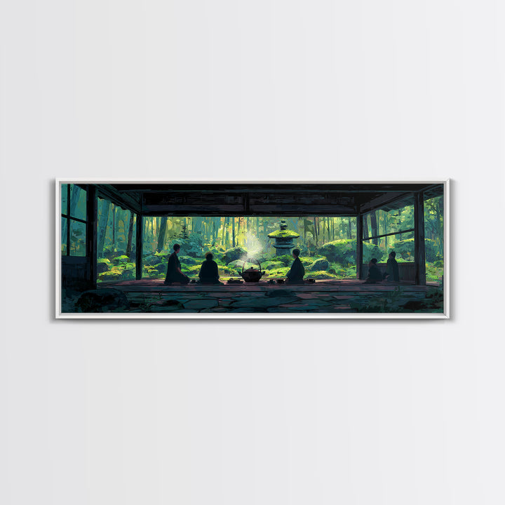 Serene Zen Tea Room With Forest Garden Canvas Print, Japanese Wall Art, Meditation Room Decor, Japandi Nature Landscape Art