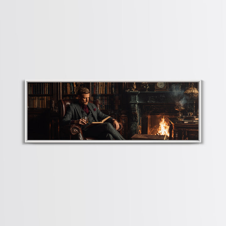 Gentleman Reading By Fireplace Wall Art, Dark Academia Library Canvas Print, Cozy Office Decor, Book Lover Housewarming Gift