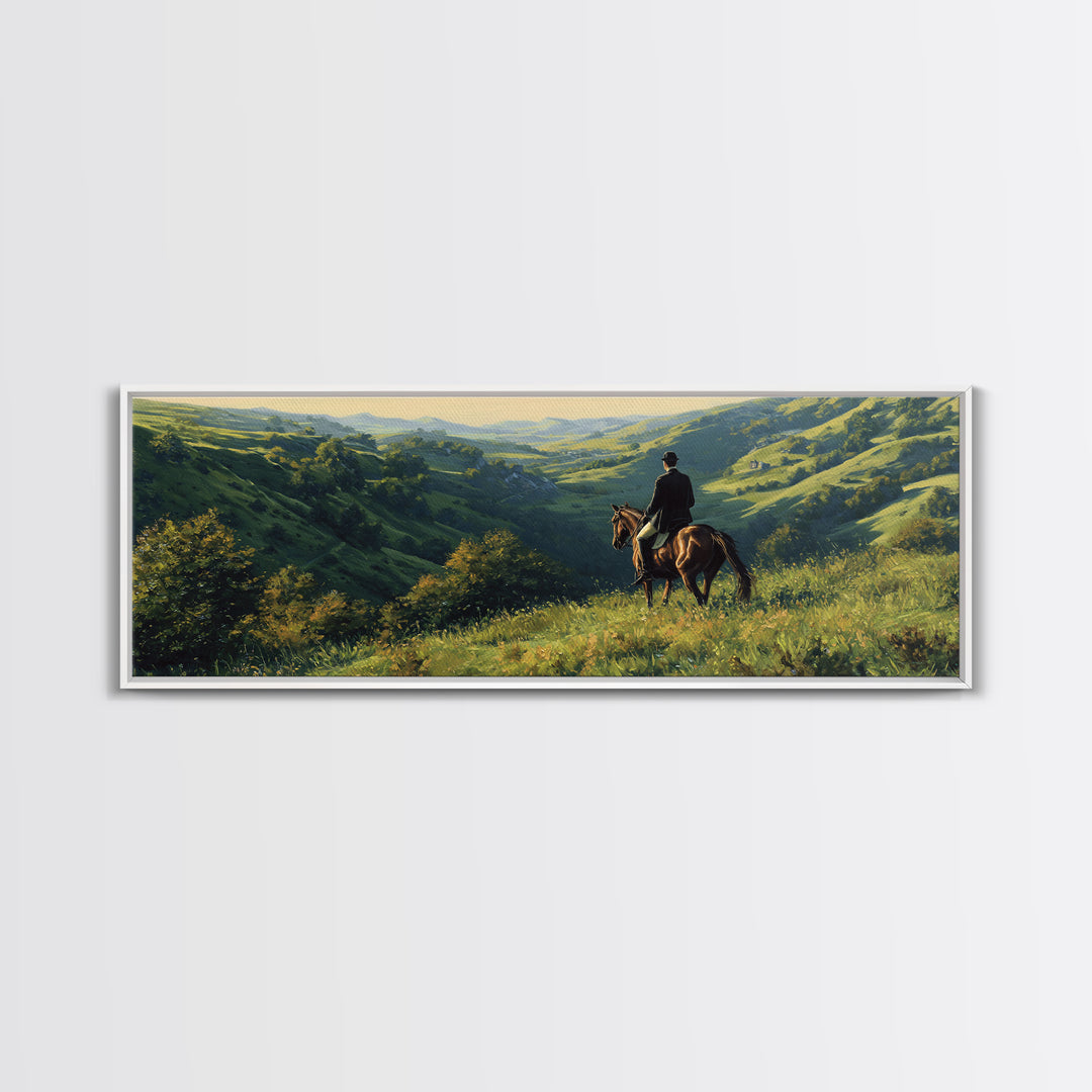 Horse Rider Over Green Valley Wall Art, Panoramic Landscape Canvas Print, Western Country Home Decor, Equestrian Gift For Him