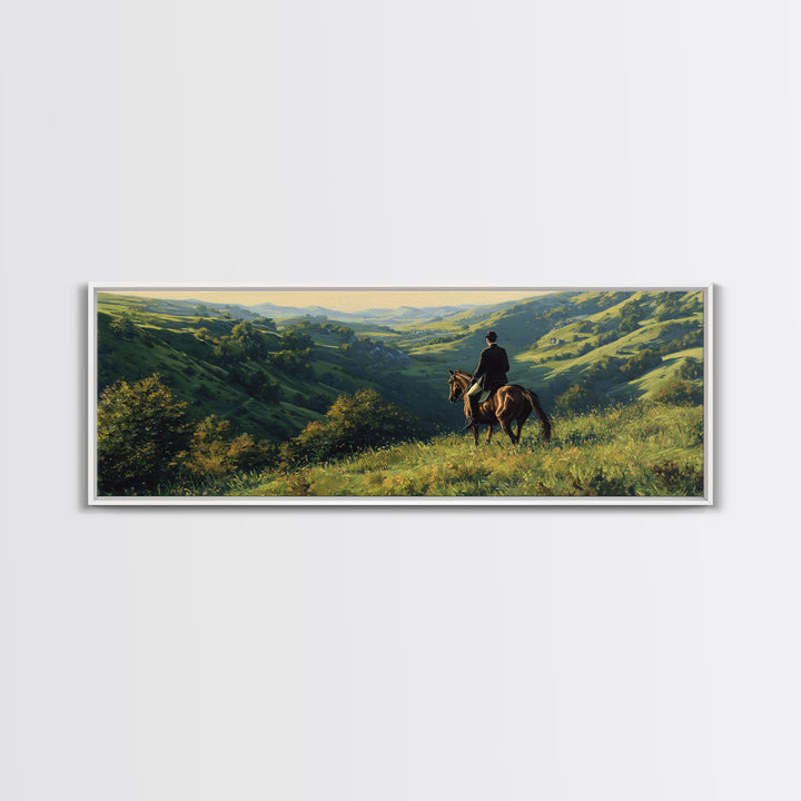 Horse Rider Over Green Valley Wall Art, Panoramic Landscape Canvas Print, Western Country Home Decor, Equestrian Gift For Him
