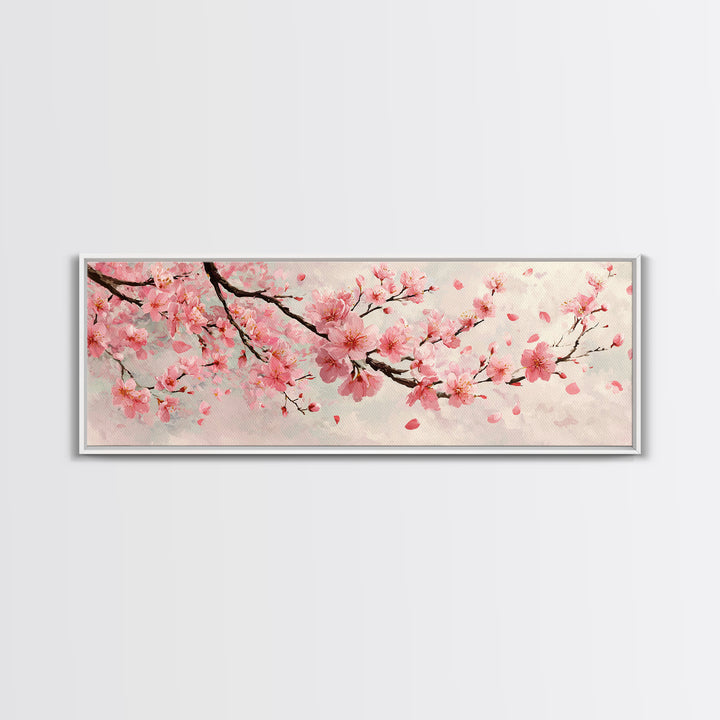 Pink Cherry Blossom Branch Wall Art, Japanese Floral Canvas Print, Spring Botanical Decor, Feminine Bedroom Artwork Gift