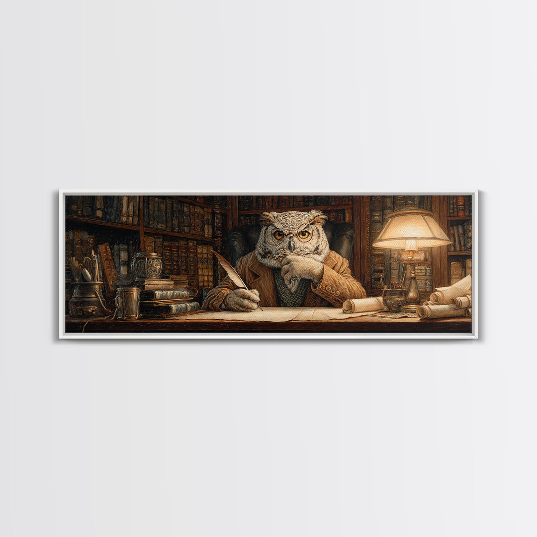 Wise Owl Librarian At Antique Desk Wall Art, Dark Academia Library Decor, Whimsical Animal Art Print For Book Lovers Gift