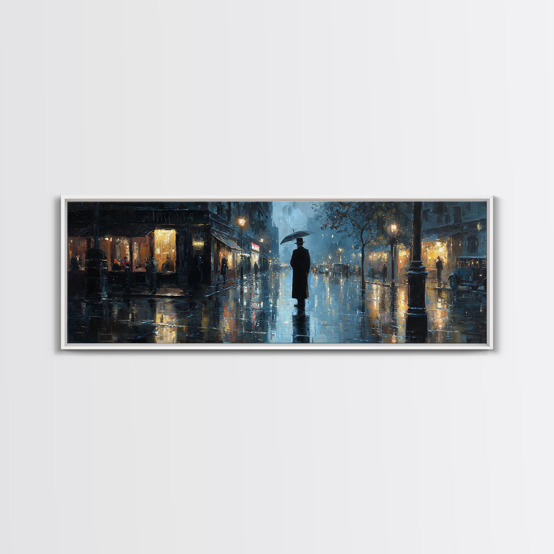 Rainy City Street With Umbrella Wall Art, Moody Urban Landscape Print, Blue Night Office Decor, Contemporary Canvas Print