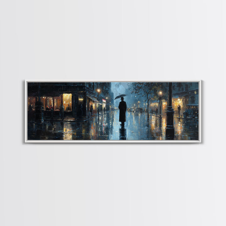 Rainy City Street With Umbrella Wall Art, Moody Urban Landscape Print, Blue Night Office Decor, Contemporary Canvas Print