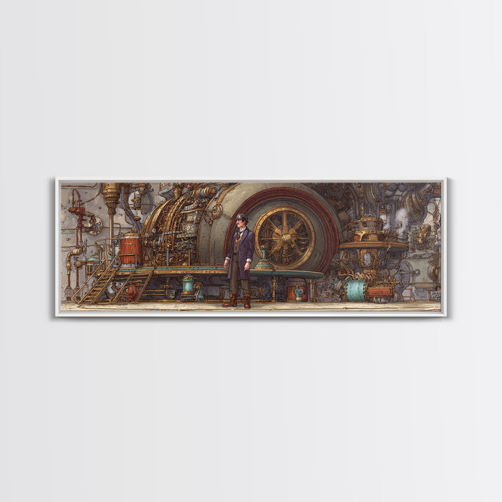 Victorian Engineer Before Giant Machine Canvas Print, Steampunk Industrial Wall Art, Mechanical Office Decor, Gift For Him