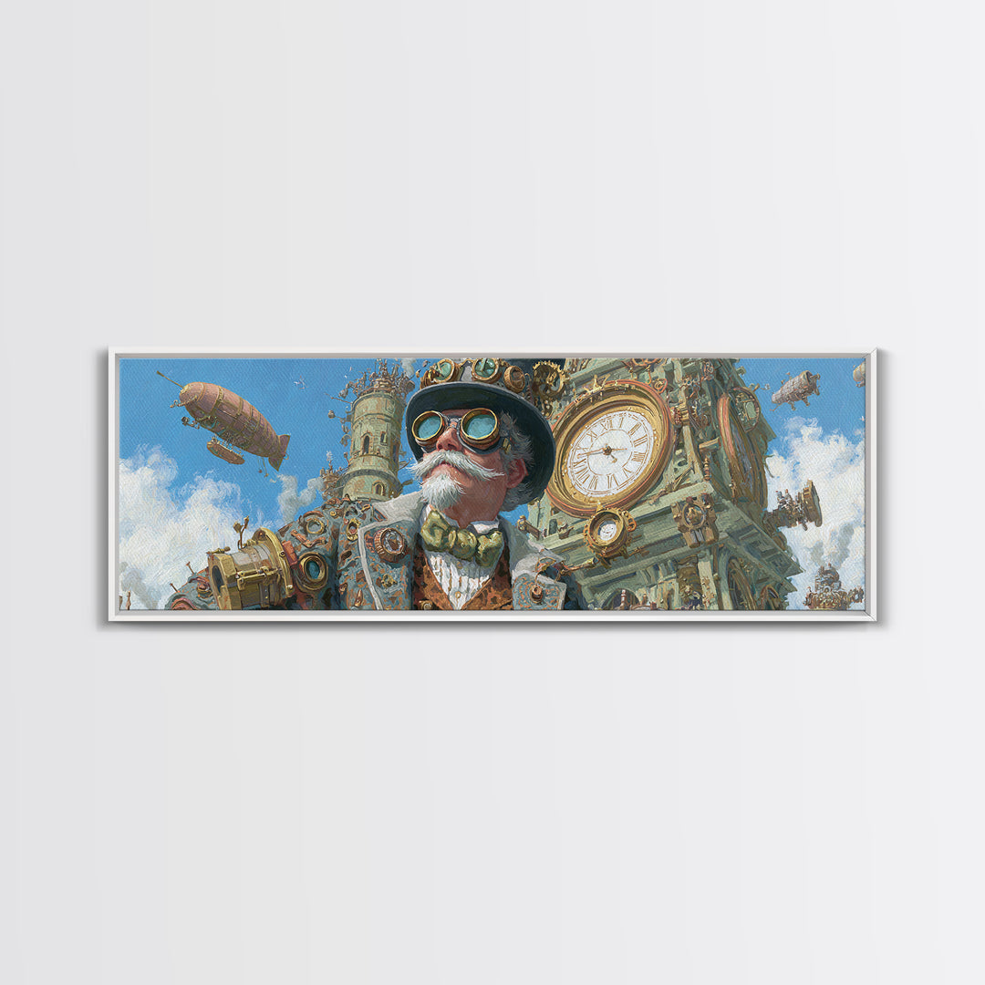 Steampunk Gentleman With Goggles And Clock Tower Wall Art, Victorian Airship Canvas, Industrial Office Decor For Living Room