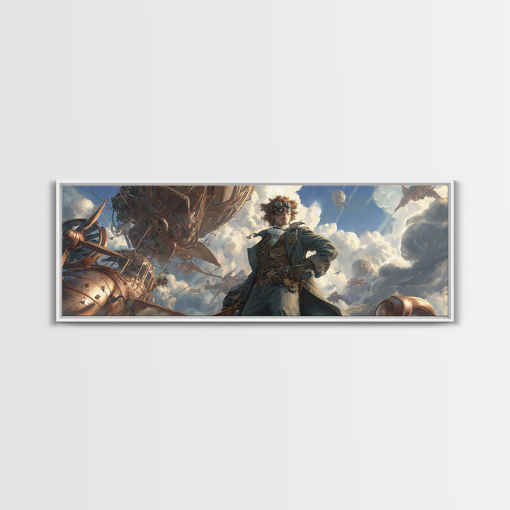Airship Captain In Storm Clouds Framed Canvas Print, Steampunk Aviation Wall Art, Dramatic Sci Fi Office Decor For Game Room