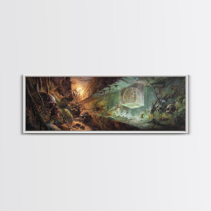 Glowing Crypt Relic Dungeon Fantasy Wall Art, Dark Academia Decor, Gothic Canvas Print, Skull Cave Adventure Art For Game Room